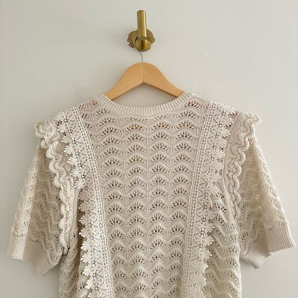 Anthropologie Kachel Shimmer Crochet Sweater Tee Cream M - Picture 8 of 11